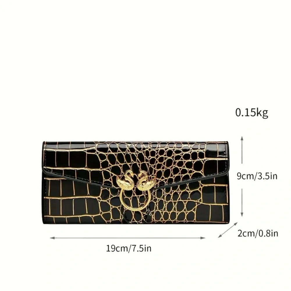 Vintage Alligator-Textured Wallet – Black Glossy Clutch for Women with Gold Swan - Picture 4 of 7